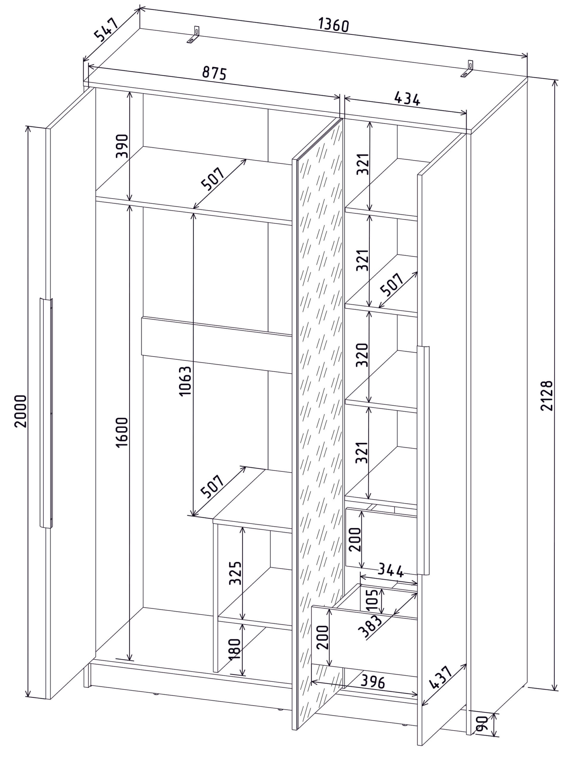 ШКАФ РАСПАШНОЙ КТ-Ш3(З) (БЕЛЫЙ ЛДСП/ АНТРАЦИТ ЛДСП) Ш1360 В2128 Г547 — изображение 6