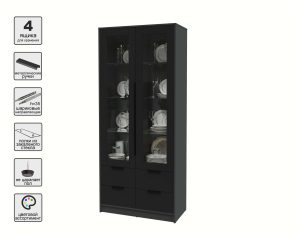 ШКАФ С ВИТРИНОЙ КТ-ШВ2 (АНТРАЦИТ ЛДСП/ ЧЕРНЫЙ ЛДСП) Ш918 В2128 Г451