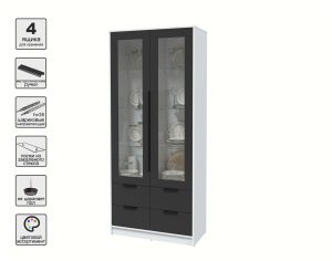 ШКАФ С ВИТРИНОЙ КТ-ШВ2 (БЕЛЫЙ ЛДСП/ АНТРАЦИТ ЛДСП) Ш918 В2128 Г451