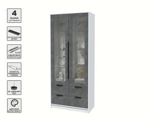 ШКАФ С ВИТРИНОЙ КТ-ШВ2 (БЕЛЫЙ ЛДСП/ БЕТОН ПОРТЛЕНД ЛДСП) Ш918 В2128 Г451