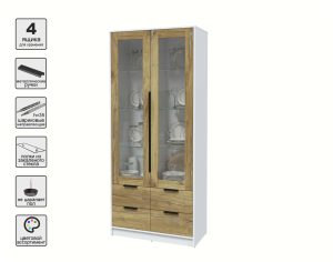 ШКАФ С ВИТРИНОЙ КТ-ШВ2 (БЕЛЫЙ ЛДСП/ ДУБ НОКС ЛДСП) Ш918 В2128 Г451