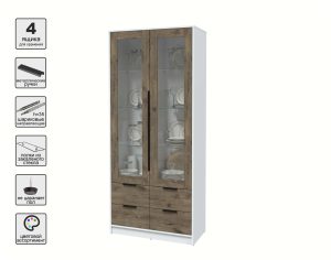 ШКАФ С ВИТРИНОЙ КТ-ШВ2 (БЕЛЫЙ ЛДСП/ ДУБ ВЕЛЛИНГТОН ЛДСП) Ш918 В2128 Г451