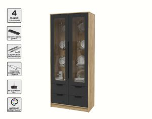 ШКАФ С ВИТРИНОЙ КТ-ШВ2 (ДУБ ЗОЛОТОЙ ЛДСП/ АНТРАЦИТ ЛДСП) Ш918 В2128 Г451