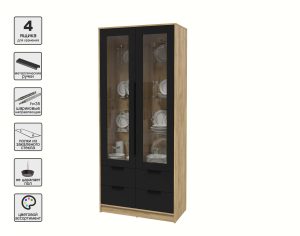 ШКАФ С ВИТРИНОЙ КТ-ШВ2 (ДУБ ЗОЛОТОЙ ЛДСП/ ЧЕРНЫЙ ЛДСП) Ш918 В2128 Г451