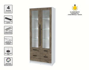 ШКАФ С ВИТРИНОЙ КТ-ШВ2 С ПОДСВЕТКОЙ (БЕЛЫЙ ЛДСП/ ДУБ ВЕЛЛИНГТОН ЛДСП) Ш918 В2128 Г451