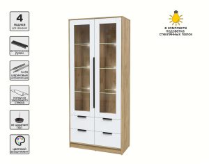 ШКАФ С ВИТРИНОЙ КТ-ШВ2 С ПОДСВЕТКОЙ (ДУБ ЗОЛОТОЙ ЛДСП/ БЕЛЫЙ ПЛАТИНУМ ЛДСП) Ш918 В2128 Г451
