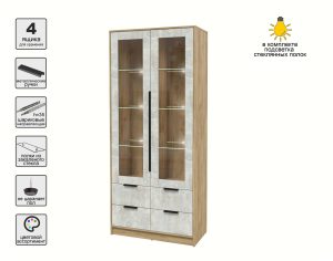 ШКАФ С ВИТРИНОЙ КТ-ШВ2 С ПОДСВЕТКОЙ (ДУБ ЗОЛОТОЙ ЛДСП/ БЕТОН ЛАЙТ ЛДСП) Ш918 В2128 Г451