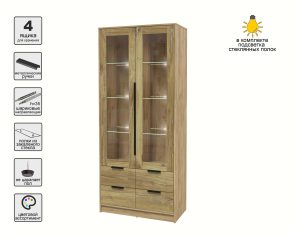 ШКАФ С ВИТРИНОЙ КТ-ШВ2 С ПОДСВЕТКОЙ (ДУБ ЗОЛОТОЙ ЛДСП/ ДУБ НОКС ЛДСП) Ш918 В2128 Г451