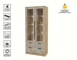 ШКАФ С ВИТРИНОЙ КТ-ШВ2 С ПОДСВЕТКОЙ (ДУБ ЗОЛОТОЙ ЛДСП/ ДУБ СЕРЫЙ ЛДСП) Ш918 В2128 Г451