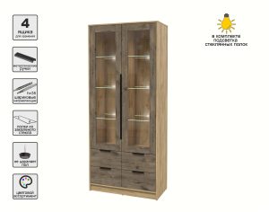 ШКАФ С ВИТРИНОЙ КТ-ШВ2 С ПОДСВЕТКОЙ (ДУБ ЗОЛОТОЙ ЛДСП/ ДУБ ВЕЛЛИНГТОН ЛДСП) Ш918 В2128 Г451