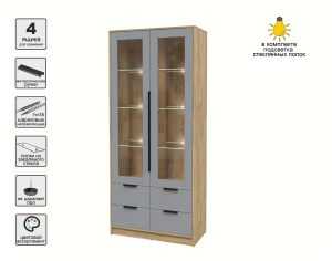 ШКАФ С ВИТРИНОЙ КТ-ШВ2 С ПОДСВЕТКОЙ (ДУБ ЗОЛОТОЙ ЛДСП/ СЕРЕБРО ЛДСП) Ш918 В2128 Г451