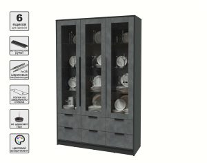 ШКАФ С ВИТРИНОЙ КТ-ШВ3 (АНТРАЦИТ ЛДСП/ БЕТОН ПОРТЛЕНД ЛДСП) Ш1360 В2128 Г451