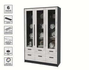 ШКАФ С ВИТРИНОЙ КТ-ШВ3 (АНТРАЦИТ ЛДСП/ ДУБ БЕЛЫЙ ЛДСП) Ш1360 В2128 Г451