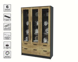 ШКАФ С ВИТРИНОЙ КТ-ШВ3 (АНТРАЦИТ ЛДСП/ ДУБ НОКС ЛДСП) Ш1360 В2128 Г451