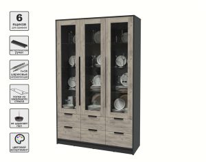 ШКАФ С ВИТРИНОЙ КТ-ШВ3 (АНТРАЦИТ ЛДСП/ ДУБ СЕРЫЙ ЛДСП) Ш1360 В2128 Г451