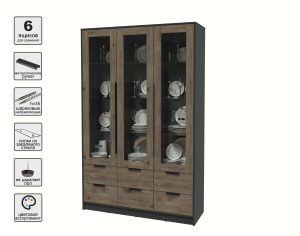 ШКАФ С ВИТРИНОЙ КТ-ШВ3 (АНТРАЦИТ ЛДСП/ ДУБ ВЕЛЛИНГТОН ЛДСП) Ш1360 В2128 Г451