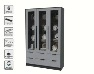 ШКАФ С ВИТРИНОЙ КТ-ШВ3 (АНТРАЦИТ ЛДСП/ СЕРЕБРО ЛДСП) Ш1360 В2128 Г451