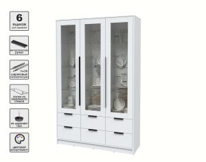 ШКАФ С ВИТРИНОЙ КТ-ШВ3 (БЕЛЫЙ ЛДСП/ БЕЛЫЙ ПЛАТИНУМ ЛДСП) Ш1360 В2128 Г451