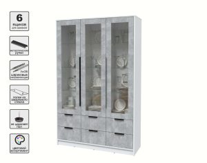 ШКАФ С ВИТРИНОЙ КТ-ШВ3 (БЕЛЫЙ ЛДСП/ БЕТОН ЛДСП) Ш1360 В2128 Г451