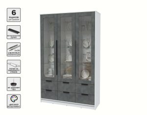 ШКАФ С ВИТРИНОЙ КТ-ШВ3 (БЕЛЫЙ ЛДСП/ БЕТОН ПОРТЛЕНД ЛДСП) Ш1360 В2128 Г451