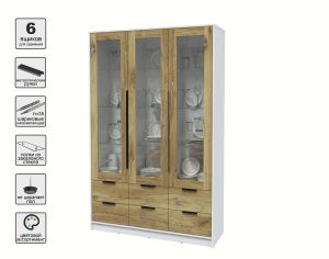 ШКАФ С ВИТРИНОЙ КТ-ШВ3 (БЕЛЫЙ ЛДСП/ ДУБ НОКС ЛДСП) Ш1360 В2128 Г451