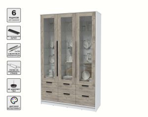 ШКАФ С ВИТРИНОЙ КТ-ШВ3 (БЕЛЫЙ ЛДСП/ ДУБ СЕРЫЙ ЛДСП) Ш1360 В2128 Г451