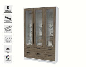 ШКАФ С ВИТРИНОЙ КТ-ШВ3 (БЕЛЫЙ ЛДСП/ ДУБ ВЕЛЛИНГТОН ЛДСП) Ш1360 В2128 Г451