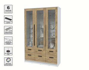 ШКАФ С ВИТРИНОЙ КТ-ШВ3 (БЕЛЫЙ ЛДСП/ ДУБ ЗОЛОТОЙ ЛДСП) Ш1360 В2128 Г451