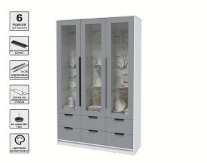 ШКАФ С ВИТРИНОЙ КТ-ШВ3 (БЕЛЫЙ ЛДСП/ СЕРЕБРО ЛДСП) Ш1360 В2128 Г451