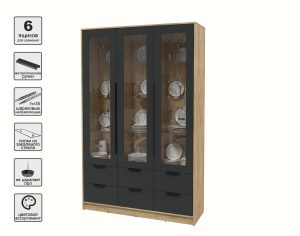 ШКАФ С ВИТРИНОЙ КТ-ШВ3 (ДУБ ЗОЛОТОЙ ЛДСП/ АНТРАЦИТ ЛДСП) Ш1360 В2128 Г451