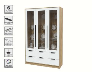 ШКАФ С ВИТРИНОЙ КТ-ШВ3 (ДУБ ЗОЛОТОЙ ЛДСП/ БЕЛЫЙ ПЛАТИНУМ ЛДСП) Ш1360 В2128 Г451