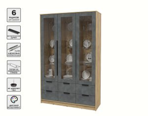 ШКАФ С ВИТРИНОЙ КТ-ШВ3 (ДУБ ЗОЛОТОЙ ЛДСП/ БЕТОН ПОРТЛЕНД ЛДСП) Ш1360 В2128 Г451