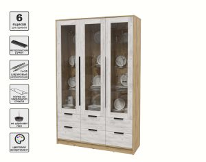 ШКАФ С ВИТРИНОЙ КТ-ШВ3 (ДУБ ЗОЛОТОЙ ЛДСП/ ДУБ БЕЛЫЙ ЛДСП) Ш1360 В2128 Г451