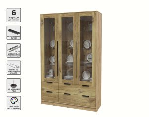 ШКАФ С ВИТРИНОЙ КТ-ШВ3 (ДУБ ЗОЛОТОЙ ЛДСП/ ДУБ НОКС ЛДСП) Ш1360 В2128 Г451