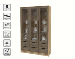 ШКАФ С ВИТРИНОЙ КТ-ШВ3 (ДУБ ЗОЛОТОЙ ЛДСП/ ДУБ ВЕЛЛИНГТОН ЛДСП) Ш1360 В2128 Г451