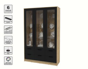 ШКАФ С ВИТРИНОЙ КТ-ШВ3 (ДУБ ЗОЛОТОЙ ЛДСП/ ЧЕРНЫЙ ЛДСП) Ш1360 В2128 Г451
