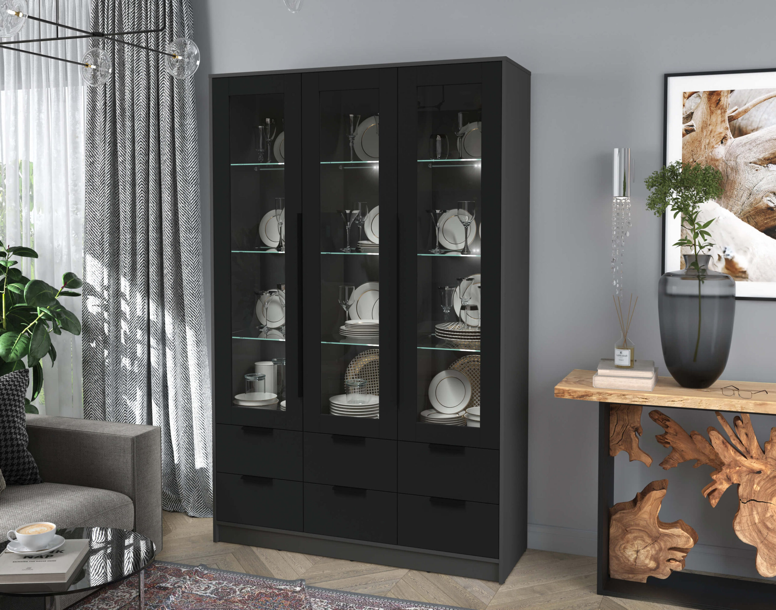 ШКАФ С ВИТРИНОЙ КТ-ШВ3 С ПОДСВЕТКОЙ (АНТРАЦИТ ЛДСП/ ЧЕРНЫЙ ЛДСП) Ш1360 В2128 Г451 — изображение 4