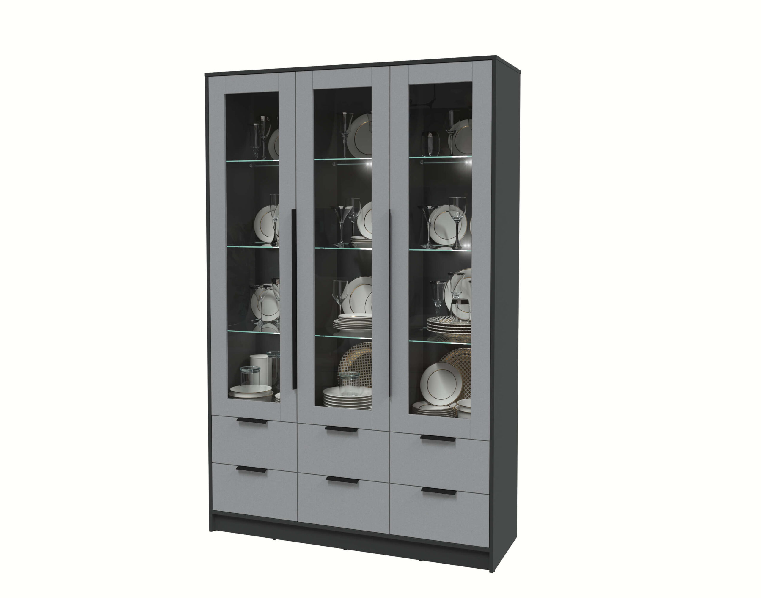 ШКАФ С ВИТРИНОЙ КТ-ШВ3 С ПОДСВЕТКОЙ (АНТРАЦИТ ЛДСП/ СЕРЕБРО ЛДСП) Ш1360 В2128 Г451 — изображение 2