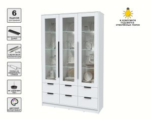 ШКАФ С ВИТРИНОЙ КТ-ШВ3 С ПОДСВЕТКОЙ (БЕЛЫЙ ЛДСП/ БЕЛЫЙ ПЛАТИНУМ ЛДСП) Ш1360 В2128 Г451