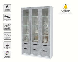 ШКАФ С ВИТРИНОЙ КТ-ШВ3 С ПОДСВЕТКОЙ (БЕЛЫЙ ЛДСП/ БЕТОН ЛДСП) Ш1360 В2128 Г451