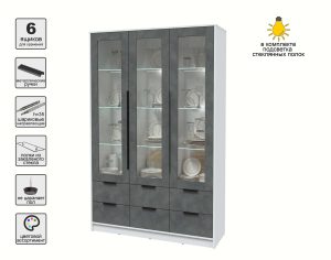 ШКАФ С ВИТРИНОЙ КТ-ШВ3 С ПОДСВЕТКОЙ (БЕЛЫЙ ЛДСП/ БЕТОН ПОРТЛЕНД ЛДСП) Ш1360 В2128 Г451