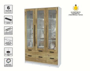 ШКАФ С ВИТРИНОЙ КТ-ШВ3 С ПОДСВЕТКОЙ (БЕЛЫЙ ЛДСП/ ДУБ НОКС ЛДСП) Ш1360 В2128 Г451