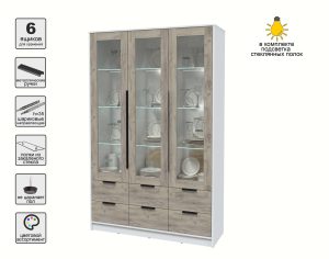ШКАФ С ВИТРИНОЙ КТ-ШВ3 С ПОДСВЕТКОЙ (БЕЛЫЙ ЛДСП/ ДУБ СЕРЫЙ ЛДСП) Ш1360 В2128 Г451