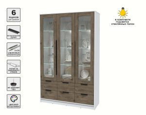 ШКАФ С ВИТРИНОЙ КТ-ШВ3 С ПОДСВЕТКОЙ (БЕЛЫЙ ЛДСП/ ДУБ ВЕЛЛИНГТОН ЛДСП) Ш1360 В2128 Г451