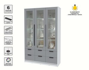 ШКАФ С ВИТРИНОЙ КТ-ШВ3 С ПОДСВЕТКОЙ (БЕЛЫЙ ЛДСП/ СЕРЕБРО ЛДСП) Ш1360 В2128 Г451