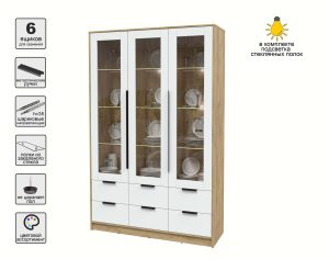 ШКАФ С ВИТРИНОЙ КТ-ШВ3 С ПОДСВЕТКОЙ (ДУБ ЗОЛОТОЙ ЛДСП/ БЕЛЫЙ ПЛАТИНУМ ЛДСП) Ш1360 В2128 Г451