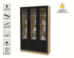 ШКАФ С ВИТРИНОЙ КТ-ШВ3 С ПОДСВЕТКОЙ (ДУБ ЗОЛОТОЙ ЛДСП/ ЧЕРНЫЙ ЛДСП) Ш1360 В2128 Г451