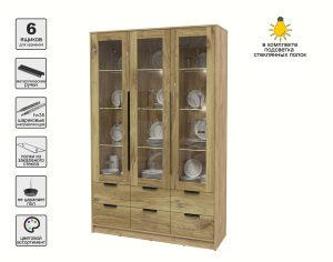 ШКАФ С ВИТРИНОЙ КТ-ШВ3 С ПОДСВЕТКОЙ (ДУБ ЗОЛОТОЙ ЛДСП/ ДУБ НОКС ЛДСП) Ш1360 В2128 Г451