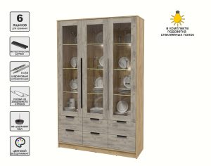 ШКАФ С ВИТРИНОЙ КТ-ШВ3 С ПОДСВЕТКОЙ (ДУБ ЗОЛОТОЙ ЛДСП/ ДУБ СЕРЫЙ ЛДСП) Ш1360 В2128 Г451