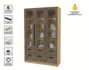 ШКАФ С ВИТРИНОЙ КТ-ШВ3 С ПОДСВЕТКОЙ (ДУБ ЗОЛОТОЙ ЛДСП/ ДУБ ВЕЛЛИНГТОН ЛДСП) Ш1360 В2128 Г451